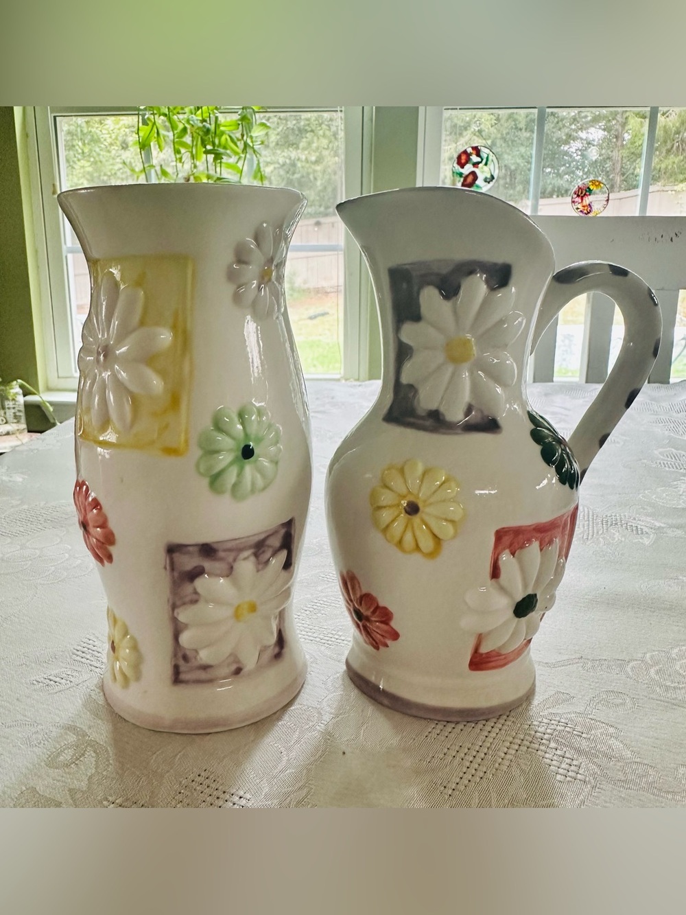 Retro MCM Hand-Painted Raised Daisy Floral Wall Planters - Set of 2